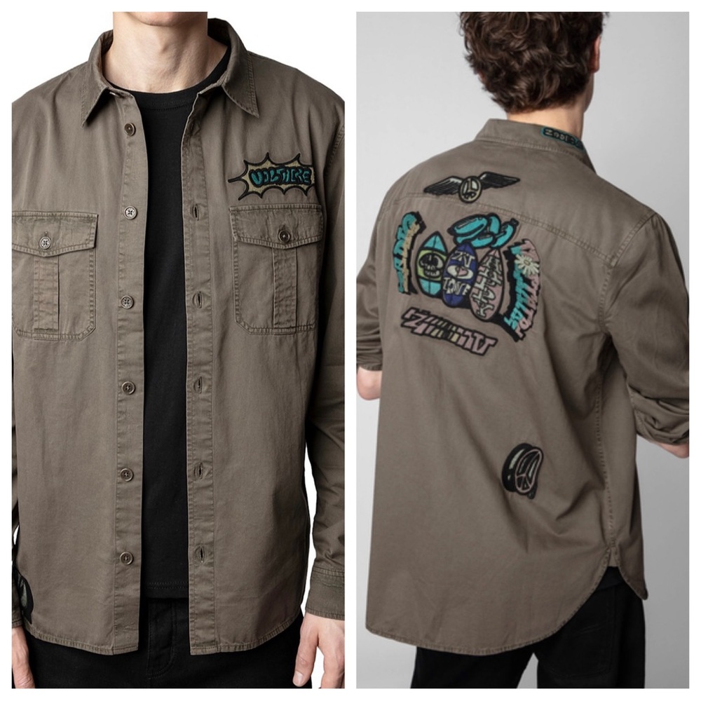 NEW Zadig & Voltaire Stan Cotton Logo Patch Shirt - Green Surfboards Skull M NWT